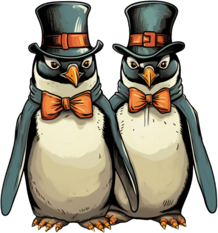 Nadruk Dwaj panowie pingwiny w kapeluszach i w muchach - Przód