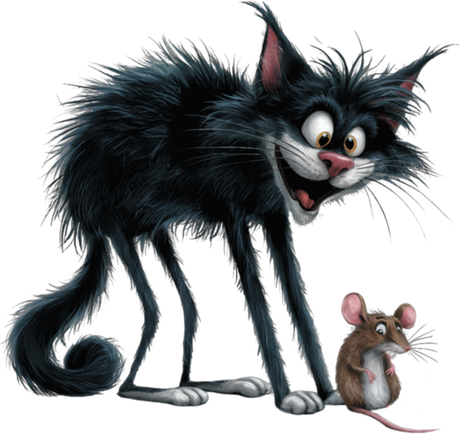 Nadruk Kopia Śmieszny czarny kot z potarganymi włosami i przestraszona myszka. - Przód