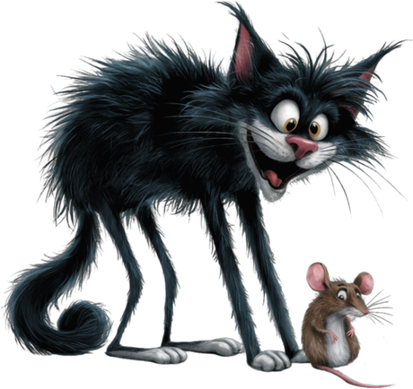 Nadruk Śmieszny czarny kot z potarganymi włosami i przestraszona myszka. - Tył
