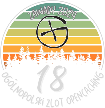 Nadruk 18 ogólnopolski zlot Opencaching Zawady 2024 wersja na ciemne koszulki - Przód