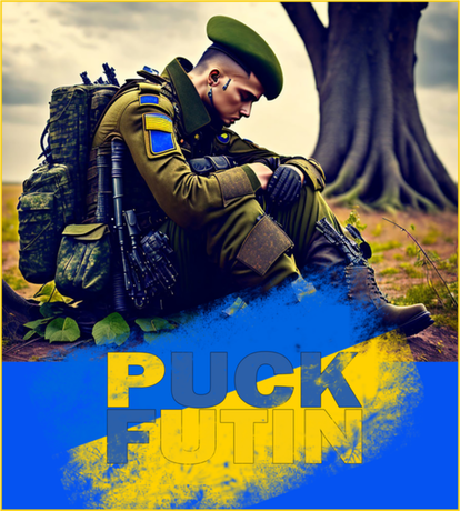 Nadruk Napis puck futin z flagą Ukrainy i żołnierzem  w żółto niebieskich barwach - Przód